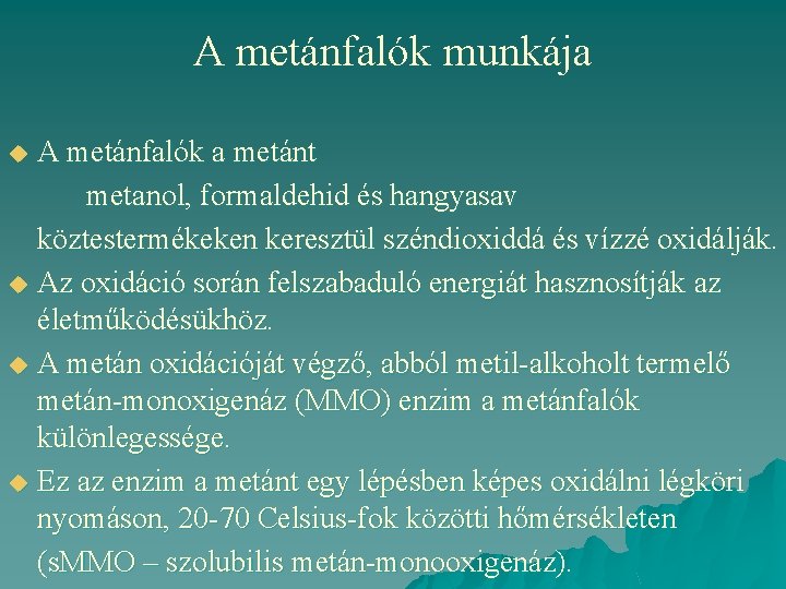 A metánfalók munkája A metánfalók a metánt metanol, formaldehid és hangyasav köztestermékeken keresztül széndioxiddá