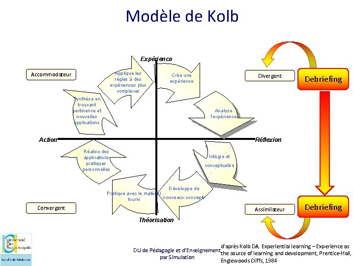 Modèle de Kolb Expérience Applique les règles à des expériences plus complexes Accommodateur Divergent
