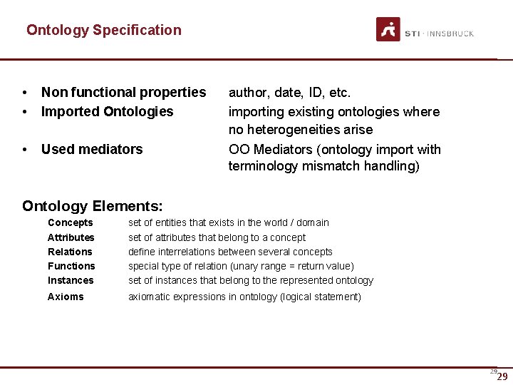 Ontology Specification • • Non functional properties Imported Ontologies • Used mediators author, date,