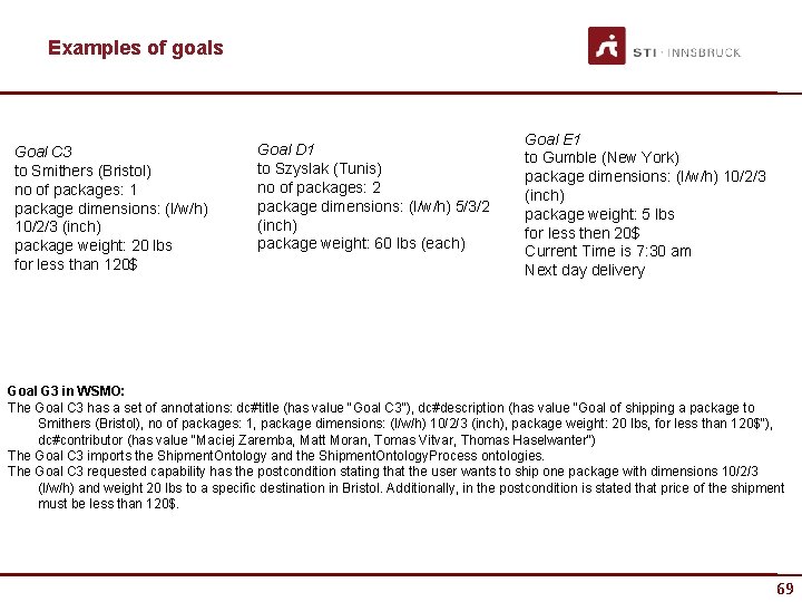 Examples of goals Goal C 3 to Smithers (Bristol) no of packages: 1 package