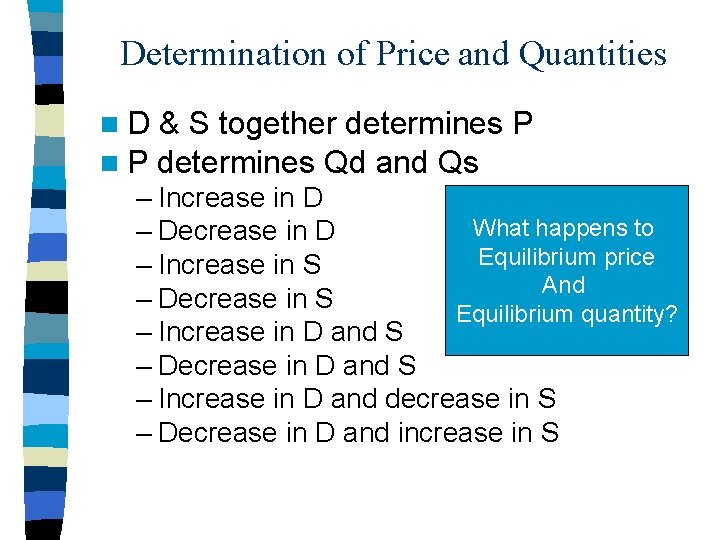 Determination of Price and Quantities n D & S together determines n P determines