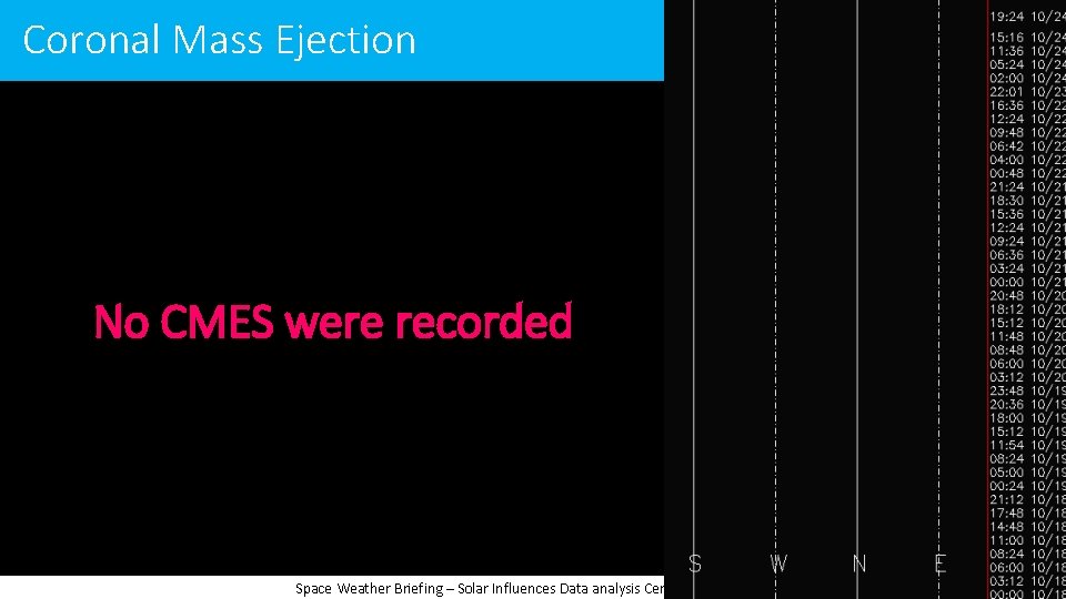 Coronal Mass Ejection No CMES were recorded Space Weather Briefing – Solar Influences Data