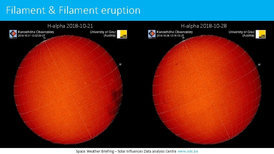 Filament & Filament eruption H-alpha 2018 -10 -21 H-alpha 2018 -10 -28 Space Weather