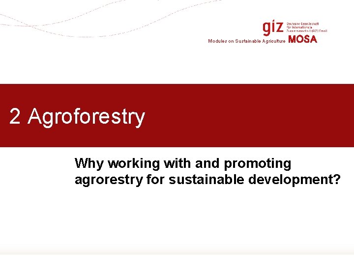 Modules on Sustainable Agriculture MOSA 2 Agroforestry Why working with and promoting agrorestry for