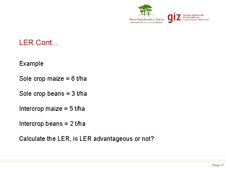 LER Cont. . . Example Sole crop maize = 6 t/ha Sole crop beans