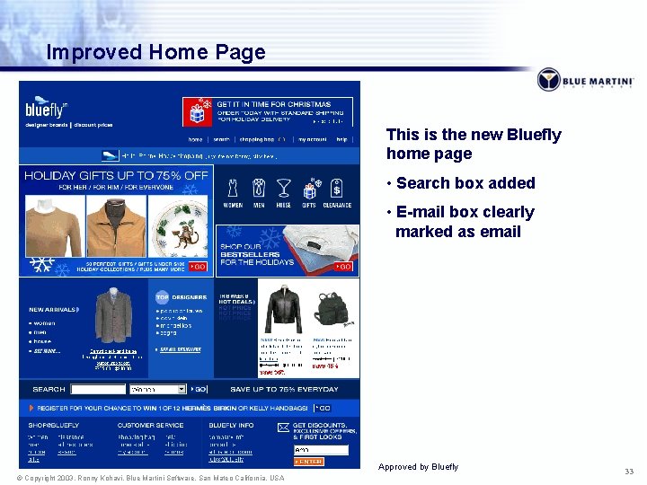 Improved Home Page This is the new Bluefly home page • Search box added