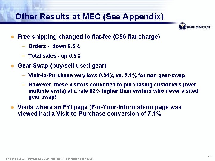 Other Results at MEC (See Appendix) l Free shipping changed to flat-fee (C$6 flat