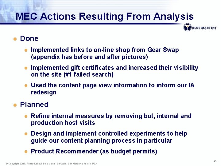 MEC Actions Resulting From Analysis l l Done l Implemented links to on-line shop