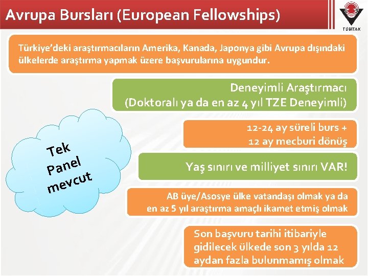 Avrupa Bursları (European Fellowships) TÜBİTAK Türkiye’deki araştırmacıların Amerika, Kanada, Japonya gibi Avrupa dışındaki ülkelerde