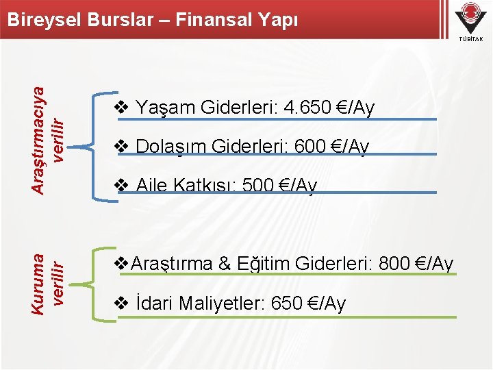 Bireysel Burslar – Finansal Yapı Kuruma verilir Araştırmacıya verilir TÜBİTAK v Yaşam Giderleri: 4.