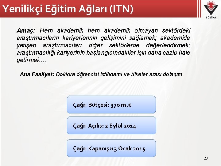 Yenilikçi Eğitim Ağları (ITN) TÜBİTAK Amaç: Hem akademik hem akademik olmayan sektördeki araştırmacıların kariyerlerinin