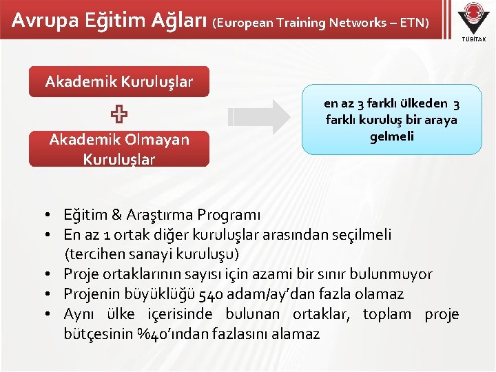 Avrupa Eğitim Ağları (European Training Networks – ETN) TÜBİTAK Akademik Kuruluşlar Akademik Olmayan Kuruluşlar