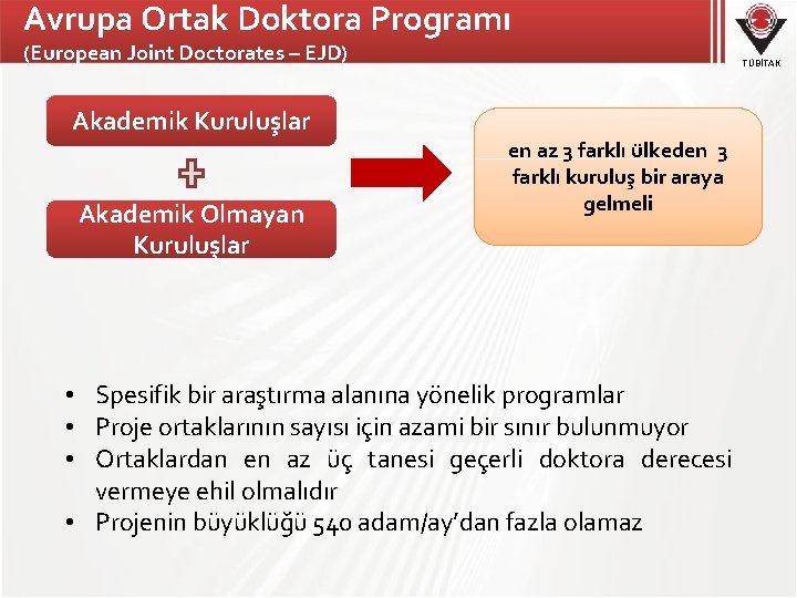 Avrupa Ortak Doktora Programı (European Joint Doctorates – EJD) Akademik Kuruluşlar Akademik Olmayan Kuruluşlar