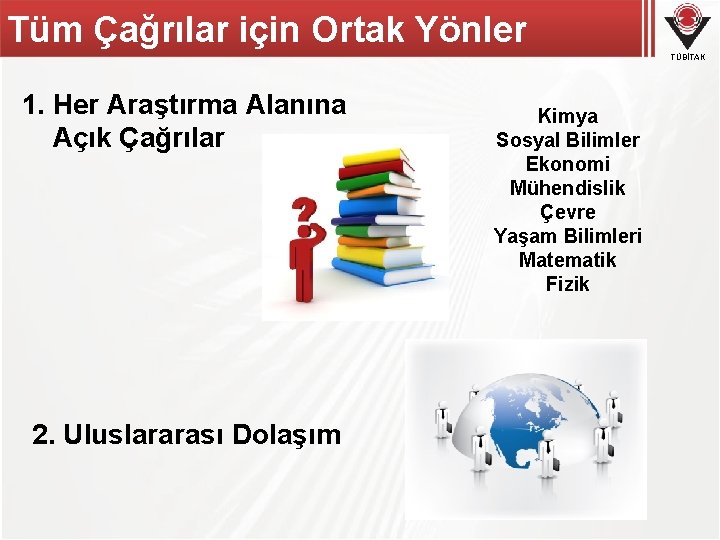 Tüm Çağrılar için Ortak Yönler TÜBİTAK 1. Her Araştırma Alanına Açık Çağrılar 2. Uluslararası