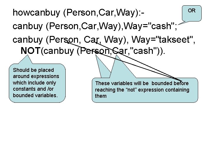 OR howcanbuy (Person, Car, Way): canbuy (Person, Car, Way), Way="cash"; canbuy (Person, Car, Way),