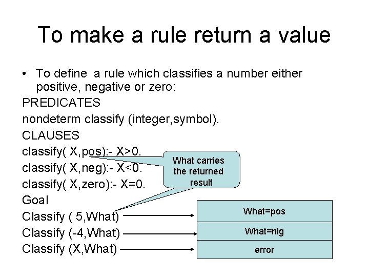 To make a rule return a value • To define a rule which classifies