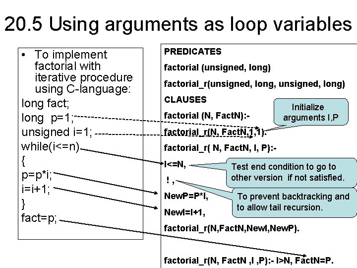 20. 5 Using arguments as loop variables • To implement factorial with iterative procedure