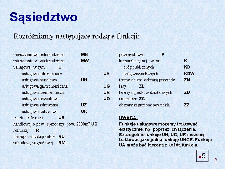 Sąsiedztwo Rozróżniamy następujące rodzaje funkcji: mieszkaniowa jednorodzinna MN mieszkaniowa wielorodzinna MW usługowa, w tym: