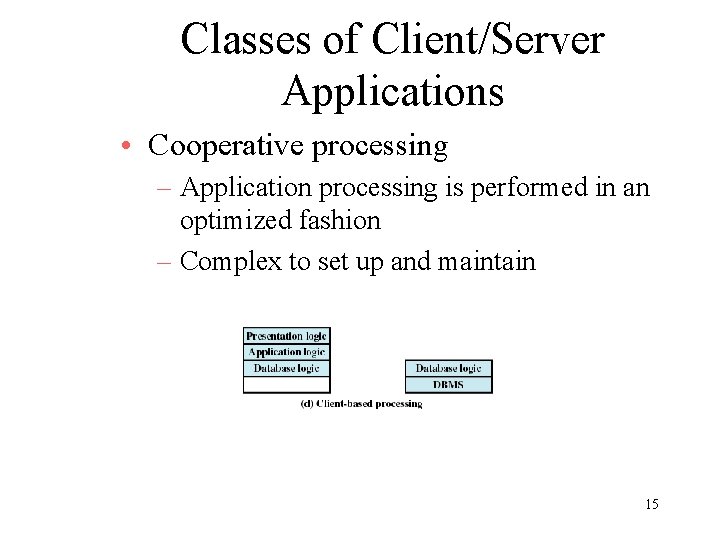 Classes of Client/Server Applications • Cooperative processing – Application processing is performed in an