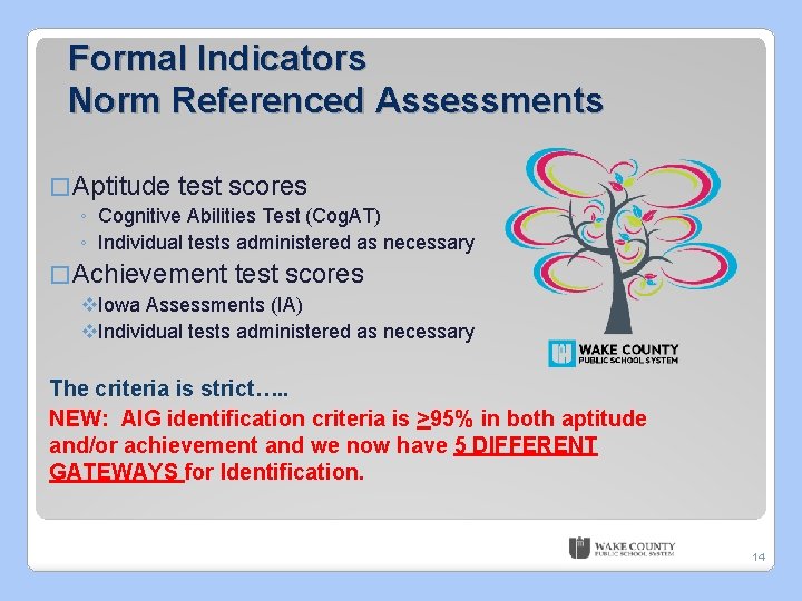 Formal Indicators Norm Referenced Assessments � Aptitude test scores ◦ Cognitive Abilities Test (Cog.