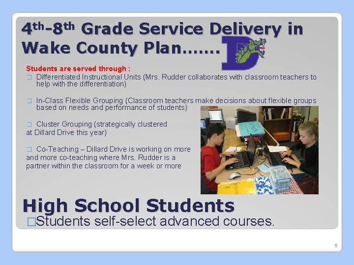 4 th-8 th Grade Service Delivery in Wake County Plan……. Students are served through