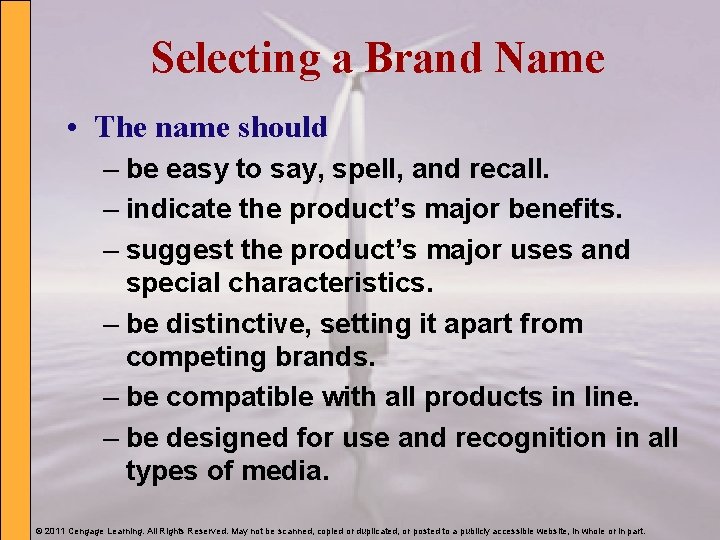 Selecting a Brand Name • The name should – be easy to say, spell,