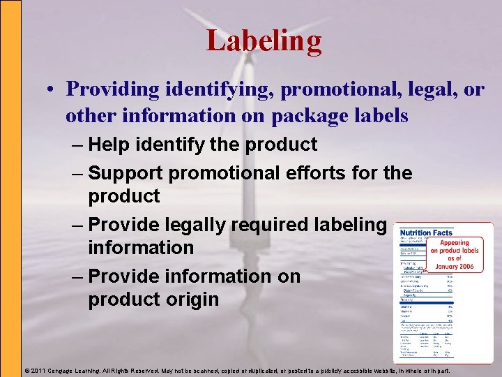 Labeling • Providing identifying, promotional, legal, or other information on package labels – Help