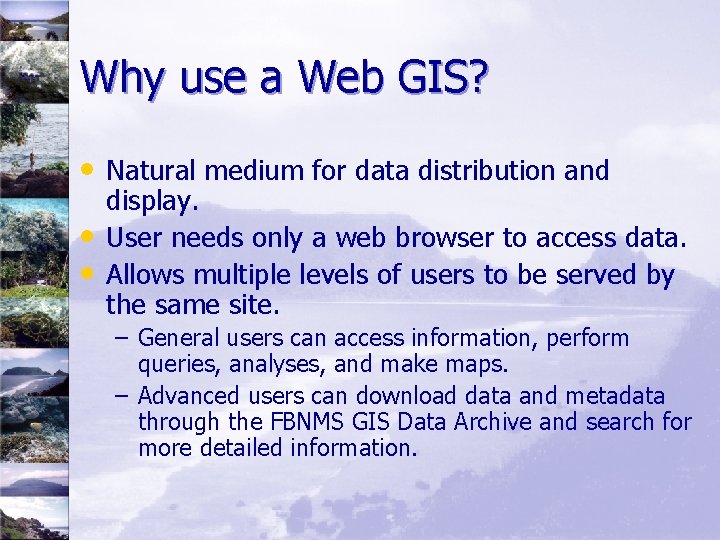 Why use a Web GIS? • Natural medium for data distribution and • •