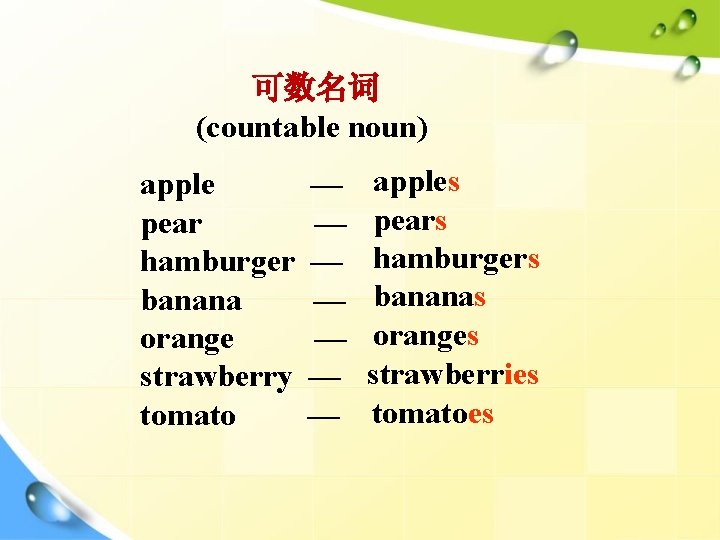 可数名词 (countable noun) apple pear hamburger banana orange strawberry tomato — — — —