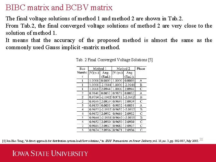 BIBC matrix and BCBV matrix The final voltage solutions of method 1 and method