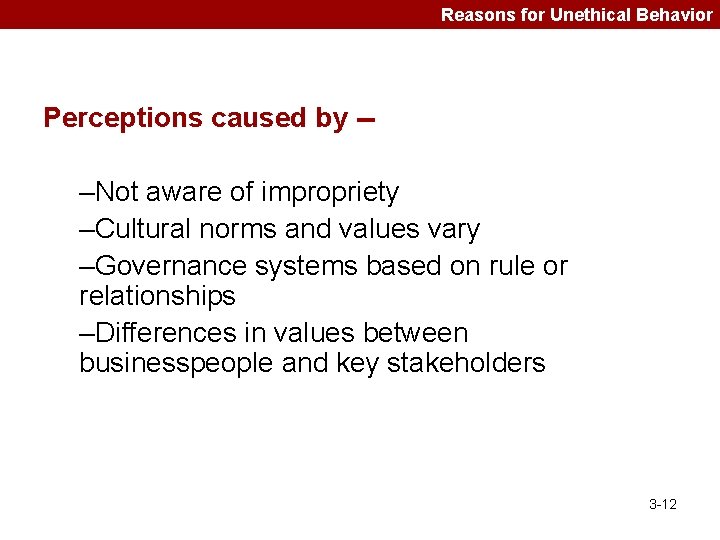 Reasons for Unethical Behavior Perceptions caused by -- –Not aware of impropriety –Cultural norms