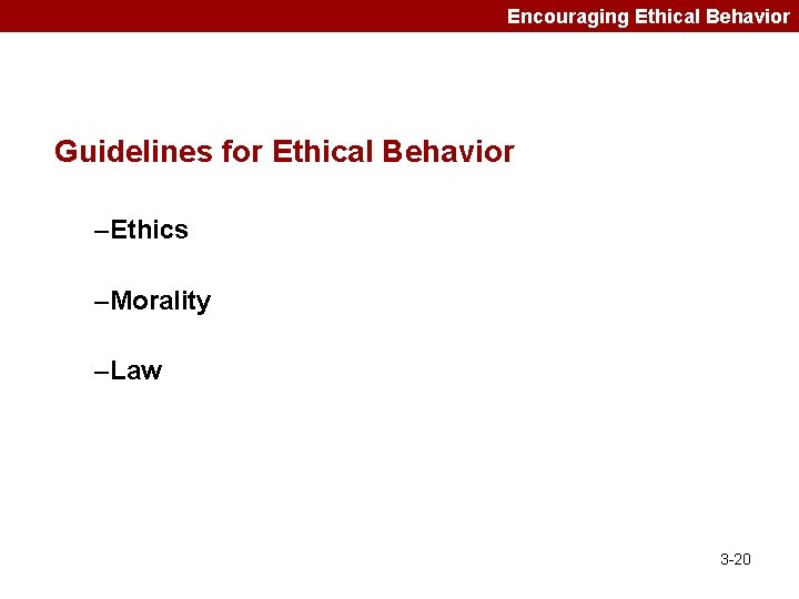 Encouraging Ethical Behavior Guidelines for Ethical Behavior –Ethics –Morality –Law 3 -20 