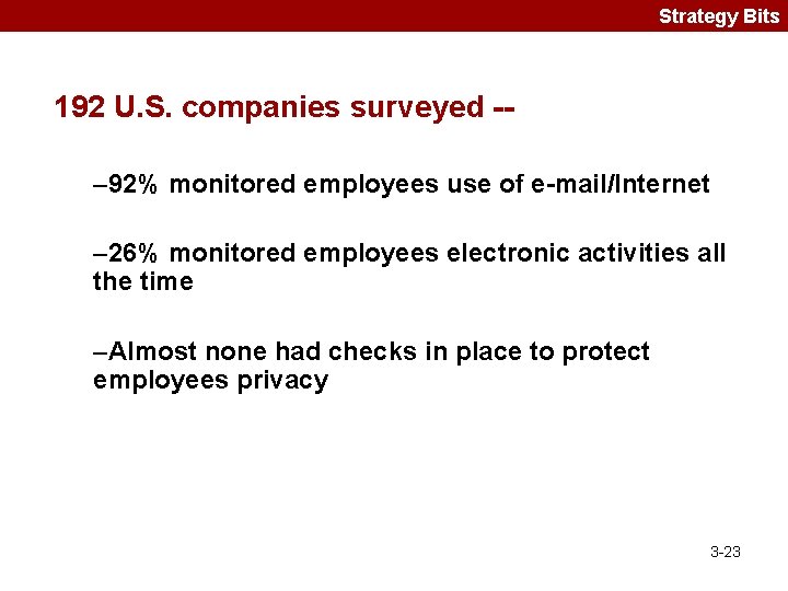 Strategy Bits 192 U. S. companies surveyed -– 92% monitored employees use of e-mail/Internet