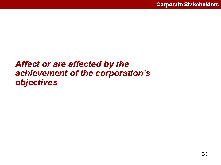 Corporate Stakeholders Affect or are affected by the achievement of the corporation’s objectives 3