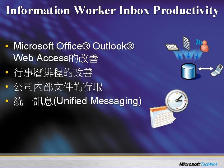Information Worker Inbox Productivity • Microsoft Office® Outlook® Web Access的改善 • 行事曆排程的改善 • 公司內部文件的存取