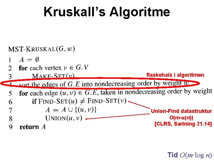 Kruskall’s Algoritme flaskehals i algoritmen Union-Find datastruktur O(m (n)) [CLRS, Sætning 21. 14] Tid