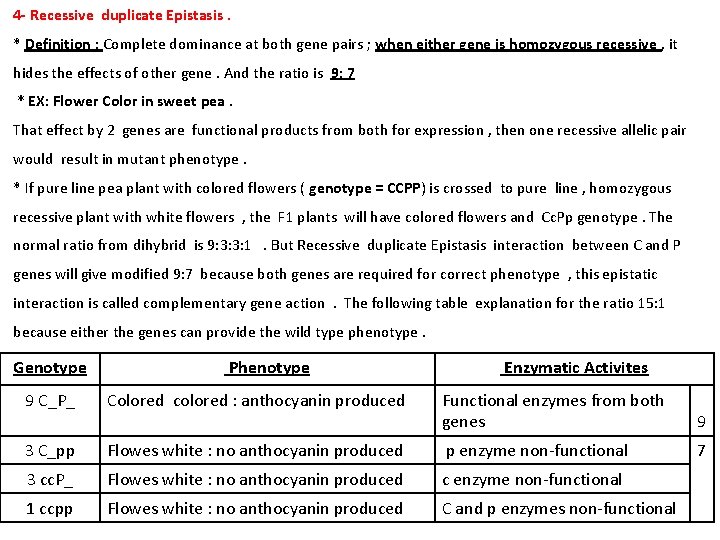 4 - Recessive duplicate Epistasis. * Definition : Complete dominance at both gene pairs