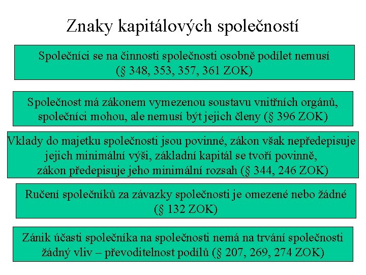 Znaky kapitálových společností Společníci se na činnosti společnosti osobně podílet nemusí (§ 348, 353,