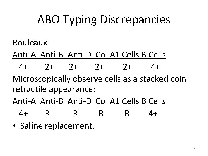 ABO Typing Discrepancies Rouleaux Anti-A Anti-B Anti-D Co A 1 Cells B Cells 4+