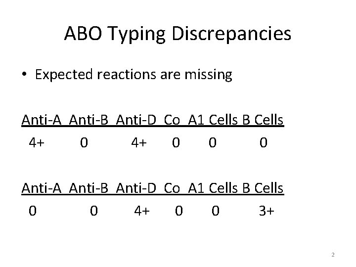 ABO Typing Discrepancies • Expected reactions are missing Anti-A Anti-B Anti-D Co A 1