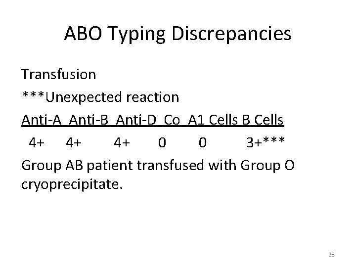 ABO Typing Discrepancies Transfusion ***Unexpected reaction Anti-A Anti-B Anti-D Co A 1 Cells B