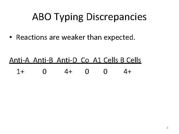 ABO Typing Discrepancies • Reactions are weaker than expected. Anti-A Anti-B Anti-D Co A