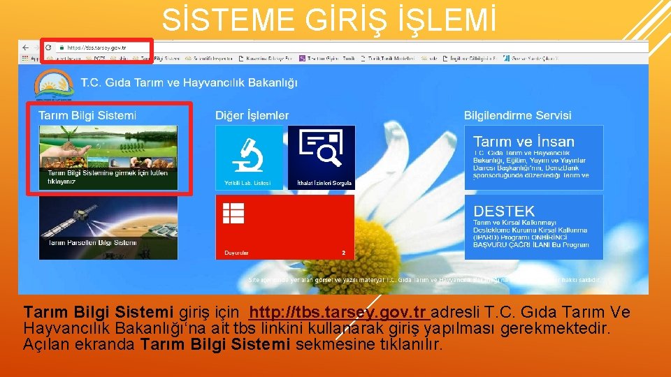 SİSTEME GİRİŞ İŞLEMİ Tarım Bilgi Sistemi giriş için http: //tbs. tarsey. gov. tr adresli