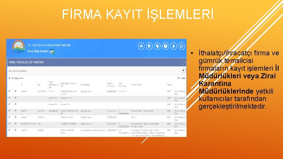 FİRMA KAYIT İŞLEMLERİ • İthalatçı/ihracatçı firma ve gümrük temsilcisi firmaların kayıt işlemleri İl Müdürlükleri