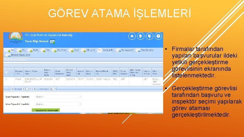 GÖREV ATAMA İŞLEMLERİ • Firmalar tarafından yapılan başvurular ildeki yetkili gerçekleştirme görevlisinin ekranında listelenmektedir.