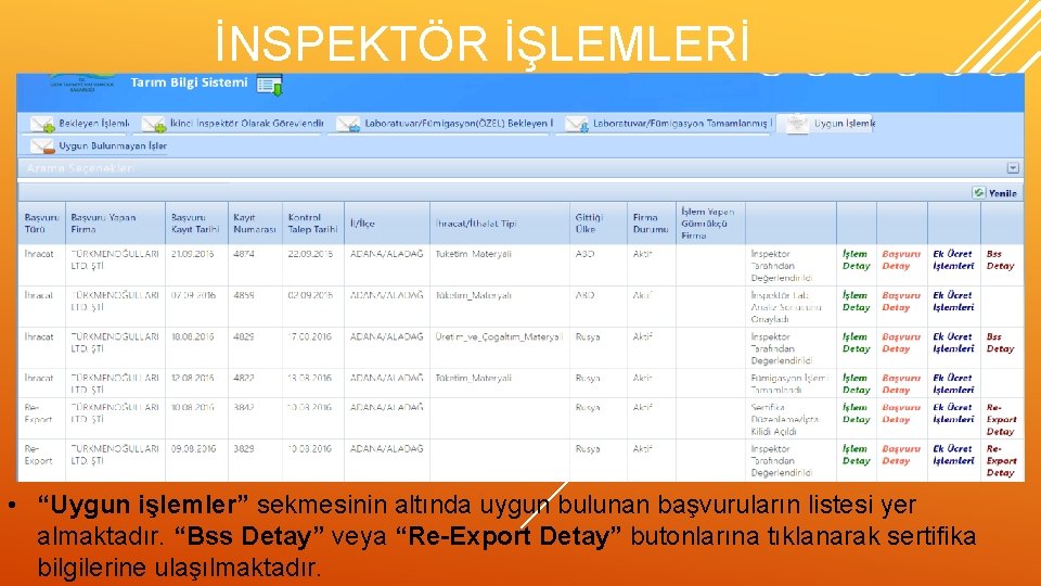 İNSPEKTÖR İŞLEMLERİ • “Uygun işlemler” sekmesinin altında uygun bulunan başvuruların listesi yer almaktadır. “Bss