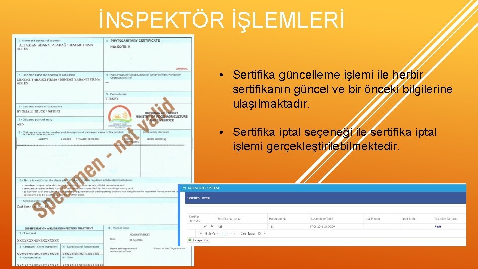 İNSPEKTÖR İŞLEMLERİ • Sertifika güncelleme işlemi ile herbir sertifikanın güncel ve bir önceki bilgilerine