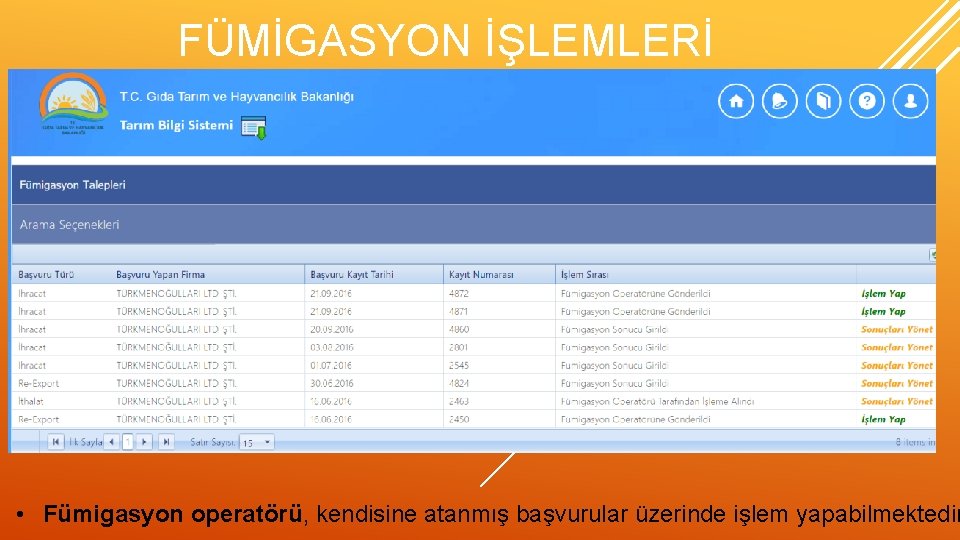 FÜMİGASYON İŞLEMLERİ • Fümigasyon operatörü, kendisine atanmış başvurular üzerinde işlem yapabilmektedir 