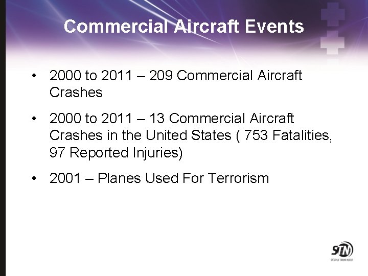 Commercial Aircraft Events • 2000 to 2011 – 209 Commercial Aircraft Crashes • 2000