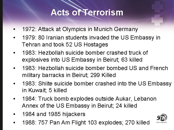 Acts of Terrorism • • 1972: Attack at Olympics in Munich Germany 1979: 80